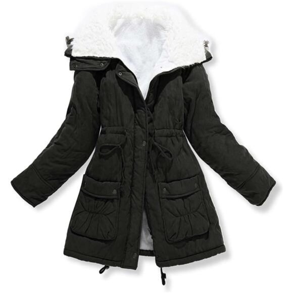 Women's Mid-Length Winter Jacket - Thick Warm Coat with Faux Lamb Wool Lining - Picture 2 of 8